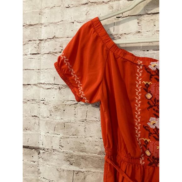 Old Navy Prairie Dress Womens Small Rust Orange Midi Embroidered Belted Flowy - Picture 5 of 14